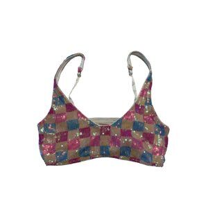 Show Me Your Mumu Pink Blue Sequin Checkerboard Crop Top Women's Size Small S
